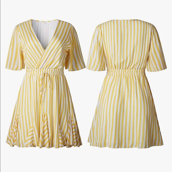 Yellow and White Striped Mini Dress - Picture 2 of 4